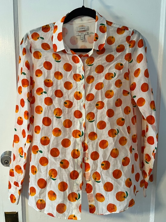 J. Crew Tops - J.Crew Perfect Shirt Silk Cotton Citrus Orange Print Button Down Size 8 Sheer